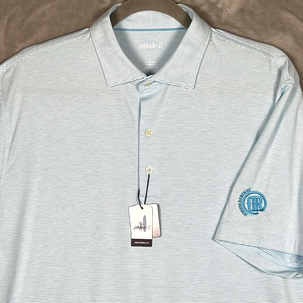 Johnnie O Mens Polo Size L Prep-Formance Light Blue White Stripe UPF50 Golf Logo